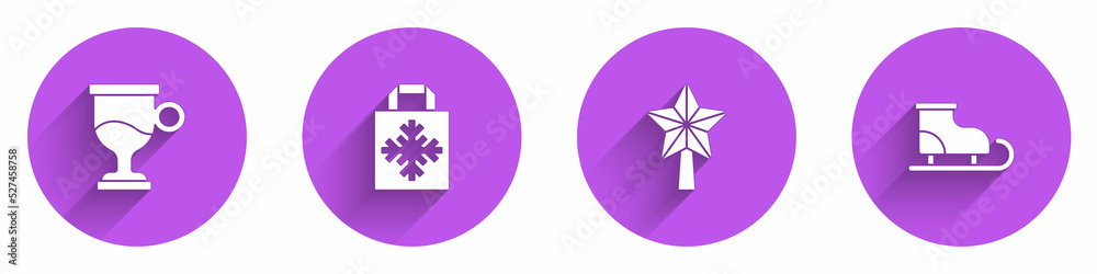 Set Mulled wine, Christmas shopping bag, star and Figure skates icon with long shadow. Vector