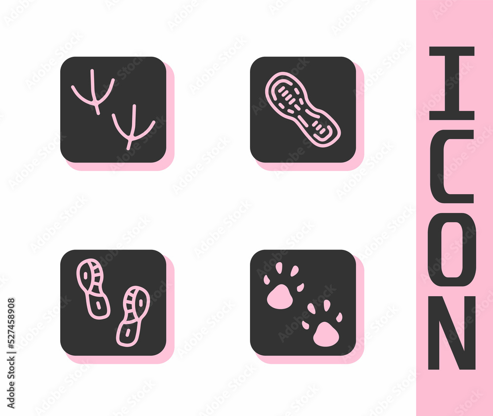 Set Paw print，Dove Paw footprint，Human footprints鞋和图标。Vector