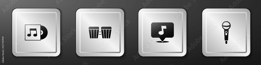 设置乙烯基唱片、鼓、音符、音调和麦克风图标。银色方形按钮。矢量