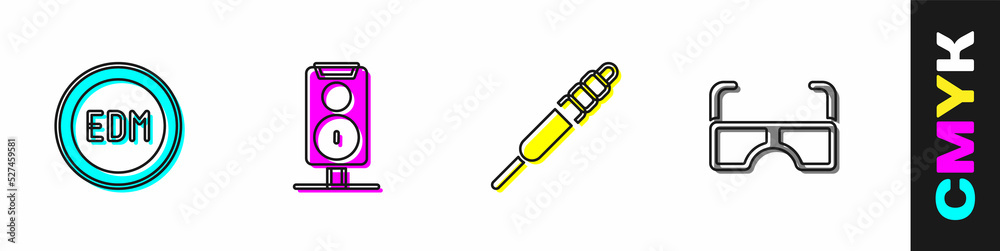 设置EDM电子舞曲、立体声扬声器、音频插孔和眼镜图标。矢量
