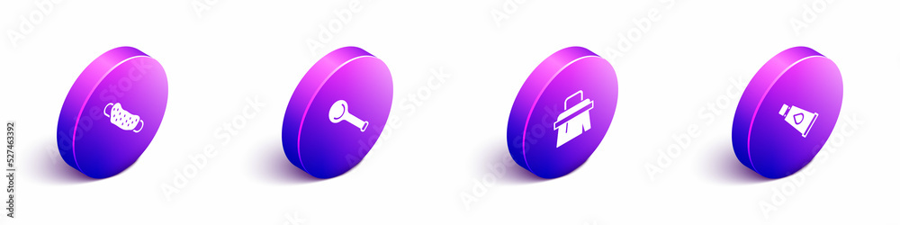 Set Isometric Washcloth, Sauna ladle, brush and Cream or lotion cosmetic tube icon. Vector