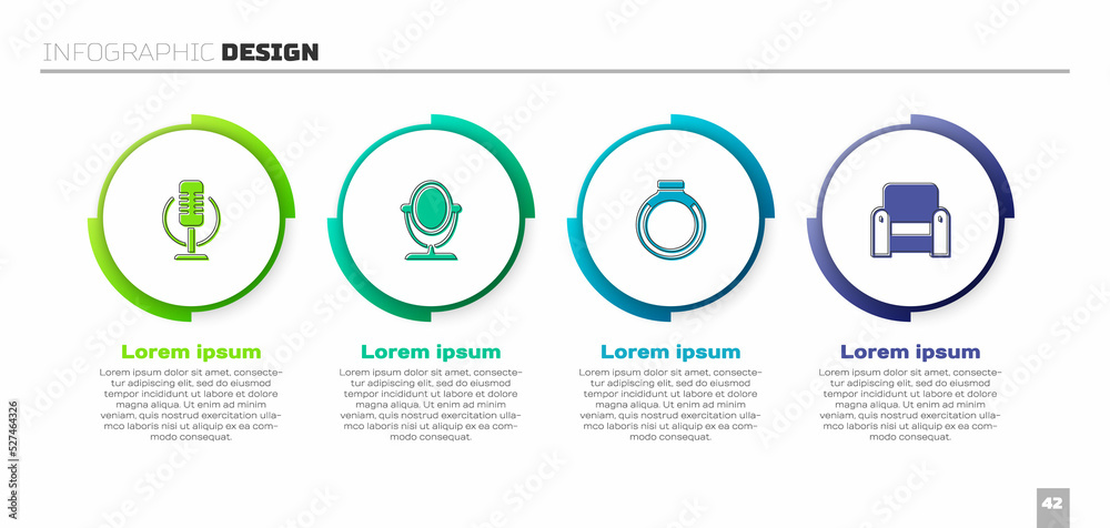 套装麦克风，圆形化妆镜，金戒指和扶手椅。商业信息图模板。矢量