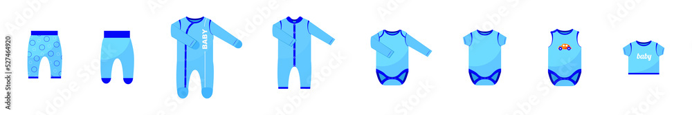 Set of blue baby clothes on white background