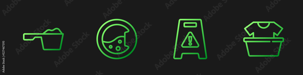 Set line Wet floor, Washing powder, Washer and Basin with shirt. Gradient color icons. Vector