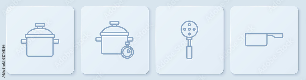 设置烹饪锅、锅铲和洋葱。白色方形按钮。矢量