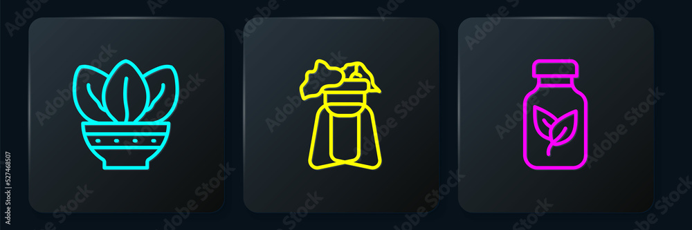 Set line Plant in pot, Fertilizer bottle and on stand. Black square button. Vector