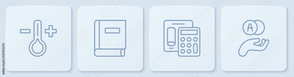 设置线温度计、计算器、科学书籍和原子。白色方形按钮。矢量