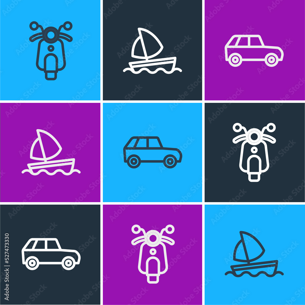 Set line Scooter, Car and Yacht sailboat icon. Vector