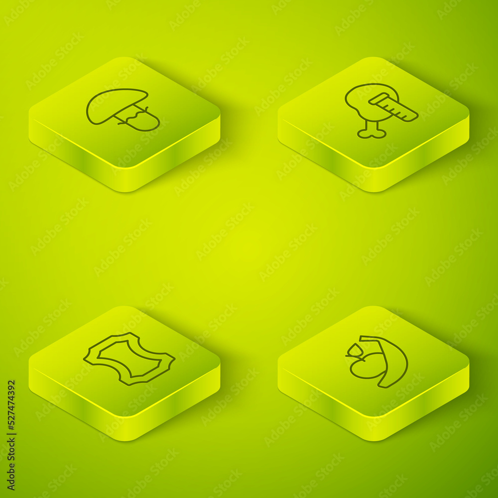 Set Isometric line Genetically modified chicken, Leather, Apple and banana and Mushroom icon. Vector