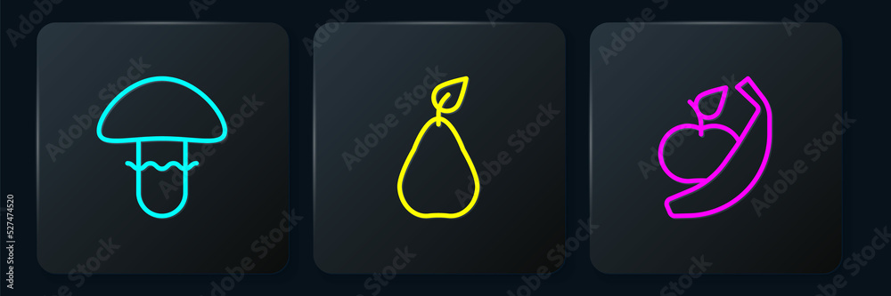 Set line Mushroom, Apple and banana and Pear. Black square button. Vector