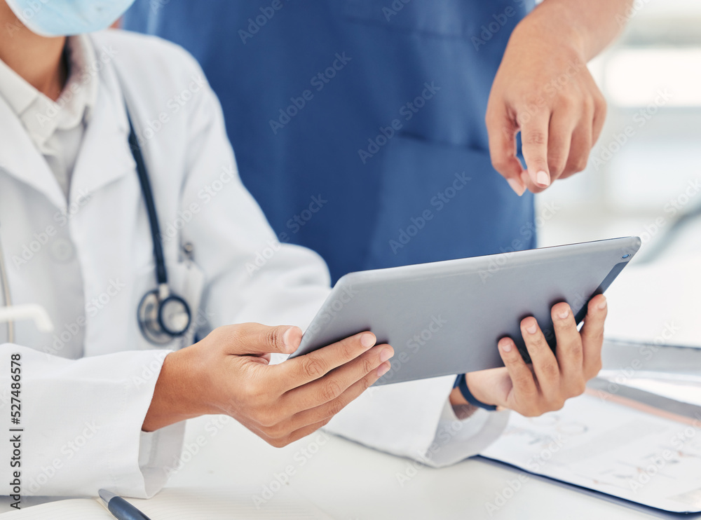 Nurse and doctor with digital tablet report, lab results or healthcare medical records. Innovation, 