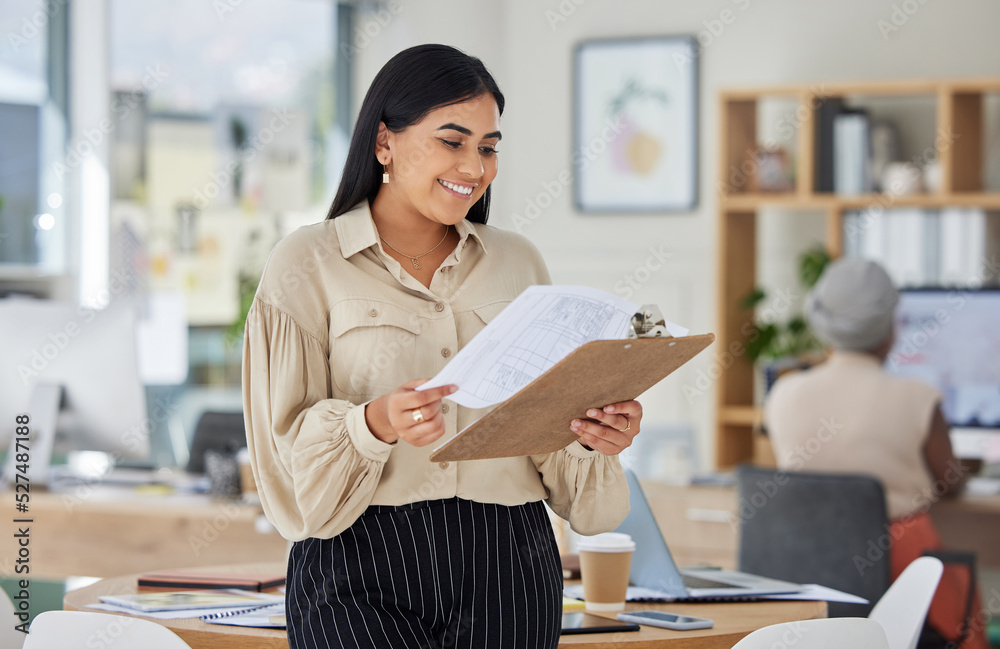 Office woman reading paperwork and happy with profit data and increase at work. Business manager wit