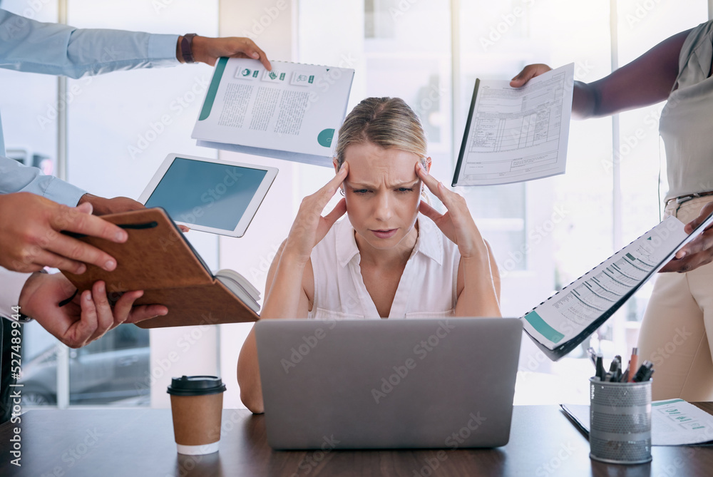 Work stress, headache and burnout mindset of a business woman working at a office computer. Corporat