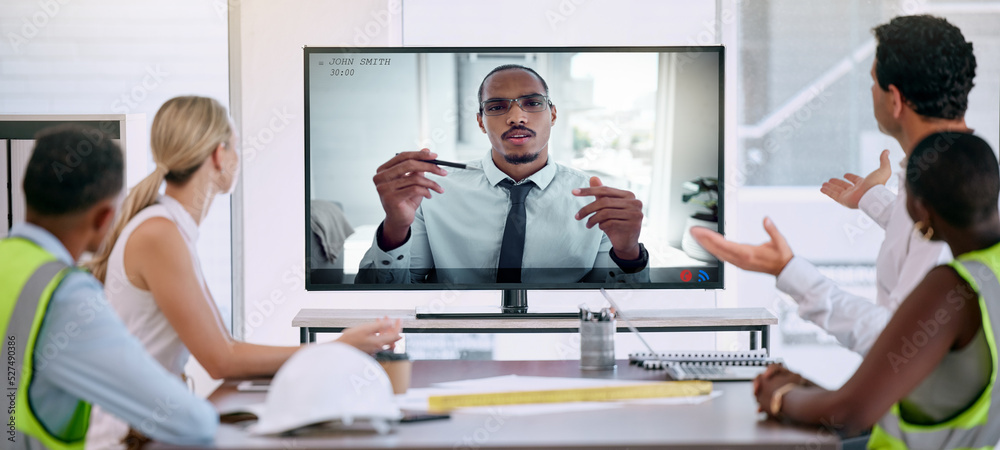 Construction teamwork, webinar video conference call and engineer workshop with manager, boardroom m