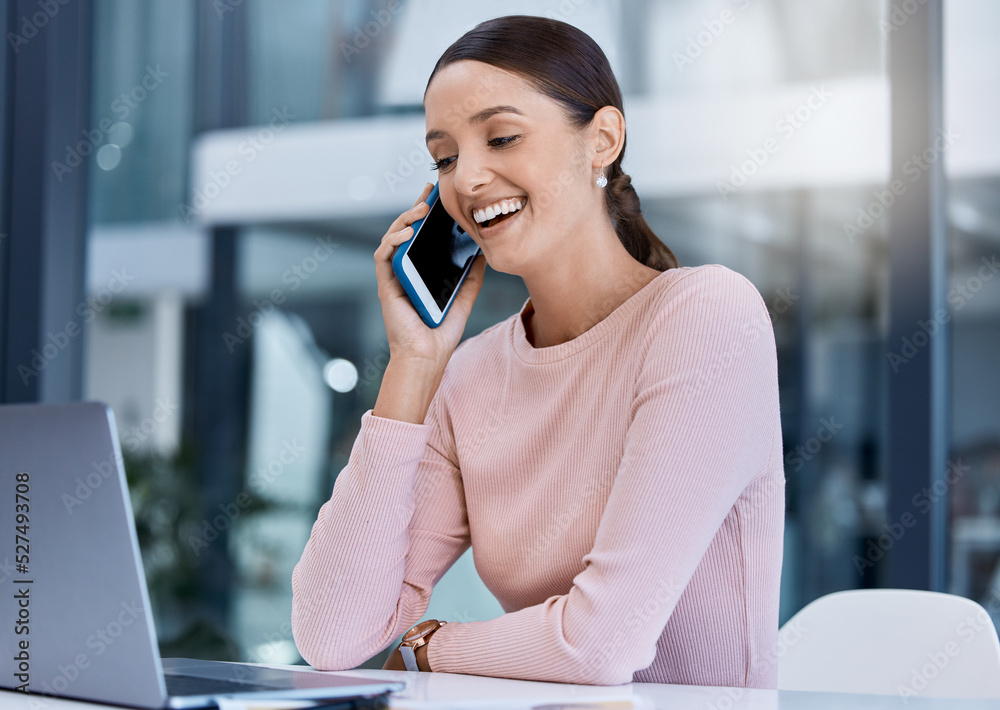 Office business woman on phone call, laptop with smile success or online communication for contact u