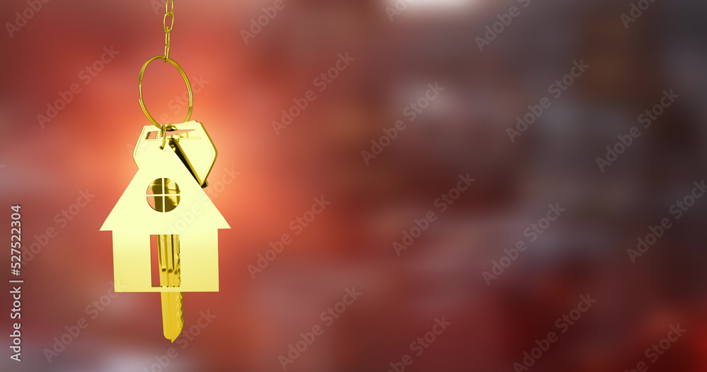 Image of golden house keys hanging against blurred background with copy space