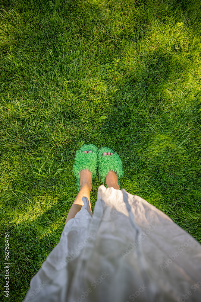 Woman in fluffy slippers on green grass, view from above