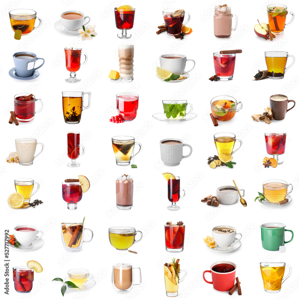 Group of tasty hot beverages on white background