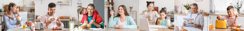 Group of different people having tasty breakfast at home