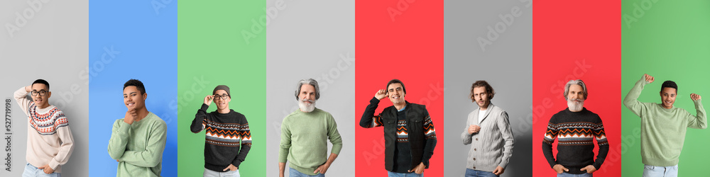 Set of men in stylish sweaters on colorful background