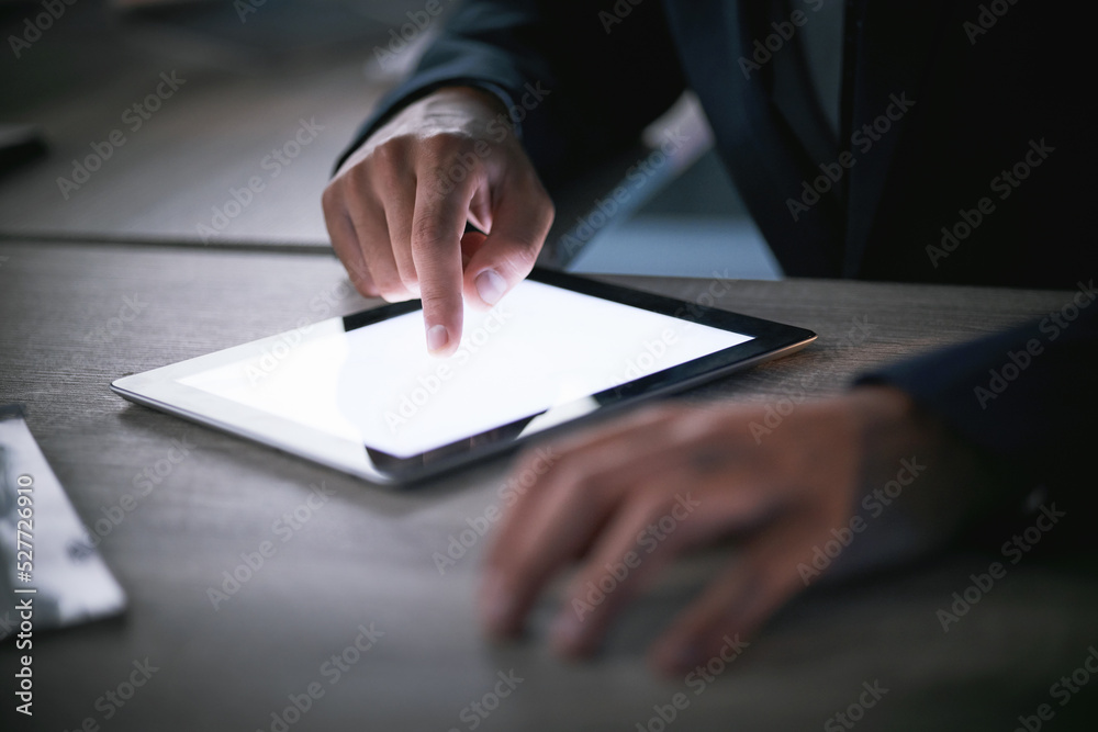 Tablet, hands and technology with a business man working on wireless tech in his office at work. 5g,