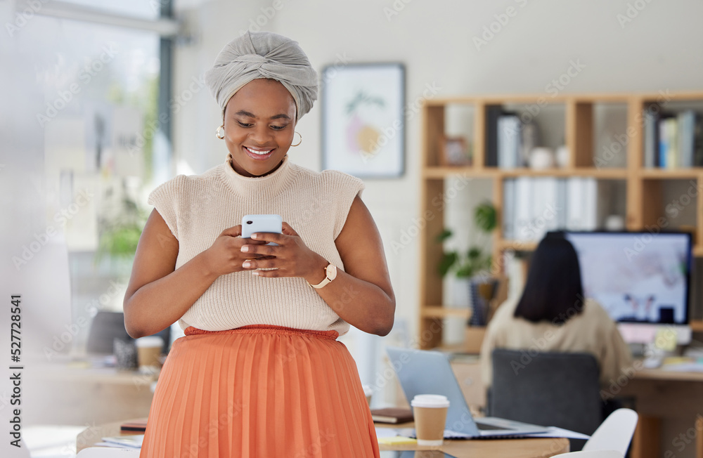 Business woman typing on social media on phone at work, reading email and networking with people onl