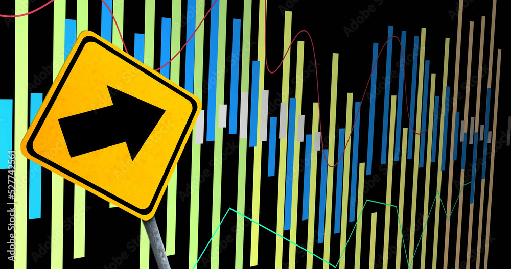 Image of financial data processing and road sign over black background