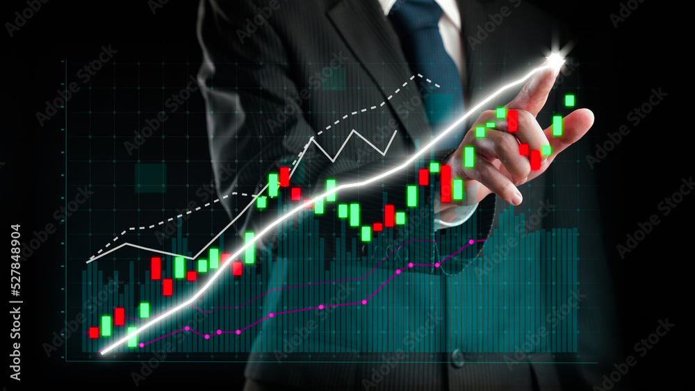 Businessman draw finance allusive graph chart showing business profit growth increasing to future ta