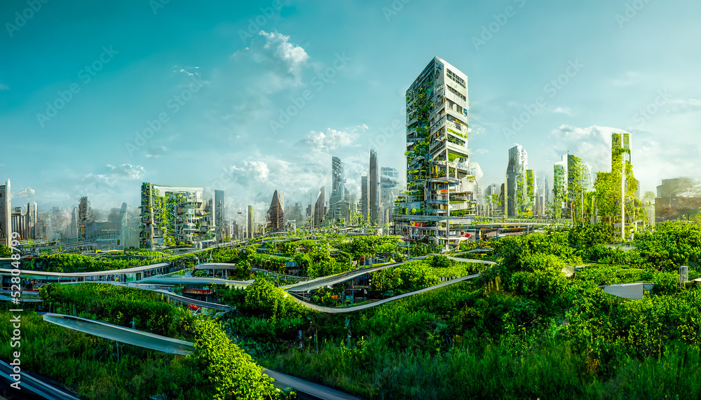 Spectacular eco-futuristic cityscape ESG concept full with greenery, skyscrapers, parks, and other m