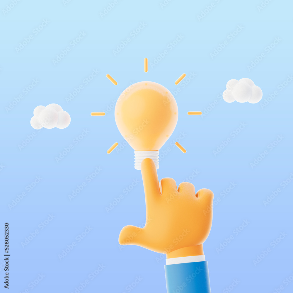 3d illuminated lightbulb with a hand pointing at it, Having a new creative idea, business strategy c