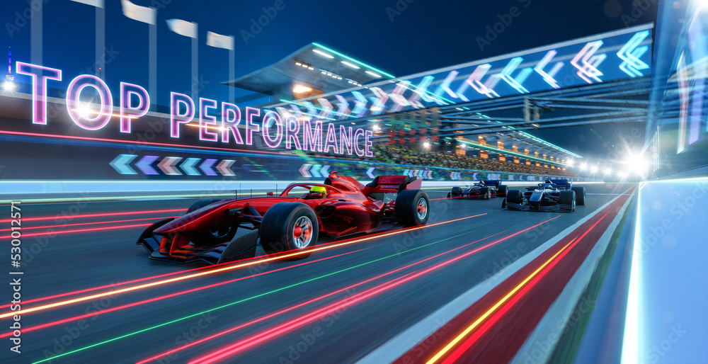 3d render Sport racing car fast driving with TOP PERFORMANCE text