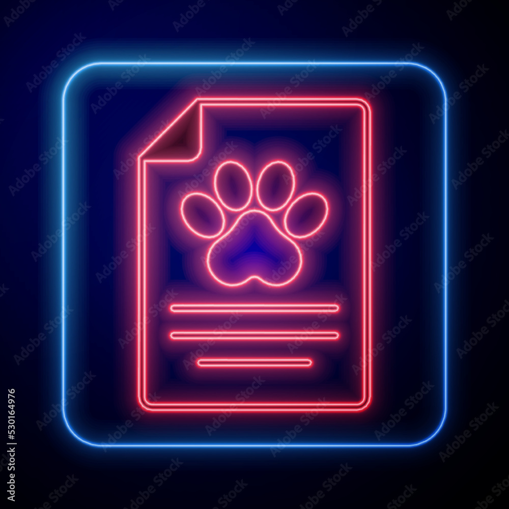 Glowing neon Clipboard with medical clinical record pet icon isolated on black background. Health in