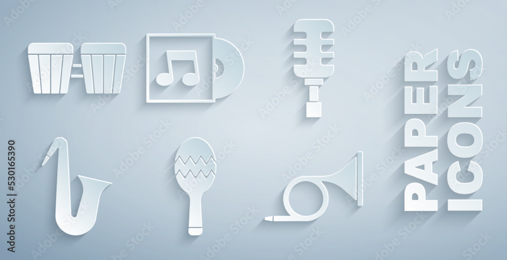 Set Maracas，Microphone，乐器萨克斯管，小号，乙烯基唱片和鼓图标。Vector