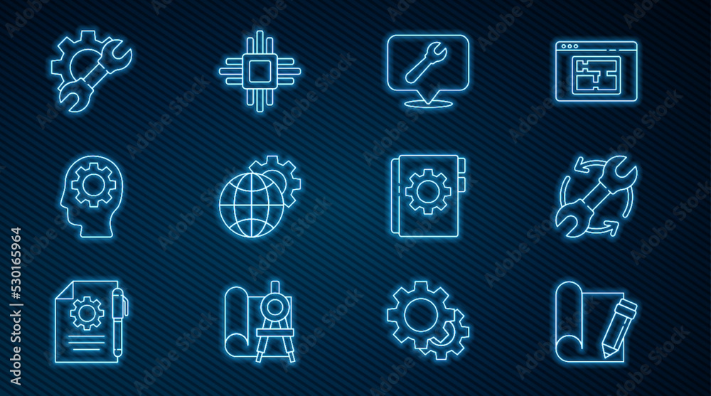 Set line Graphing paper and pencil, Wrench arrows as workflow, Location with wrench spanner, Globe o