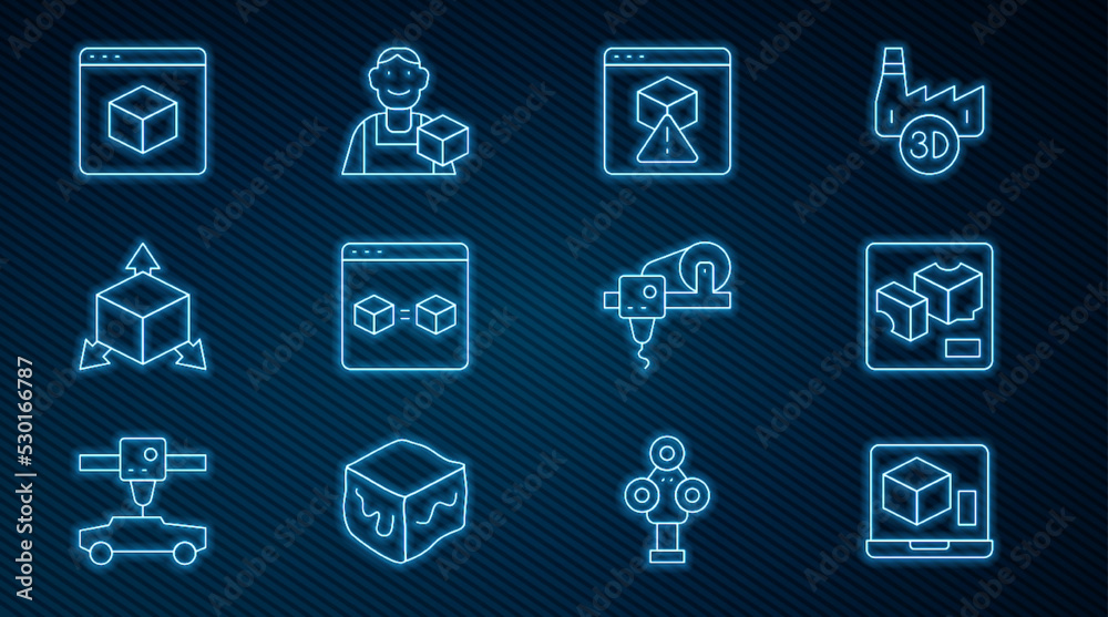 设置线条3D打印机、完美复制、等角立方体和图形设计师图标。矢量
