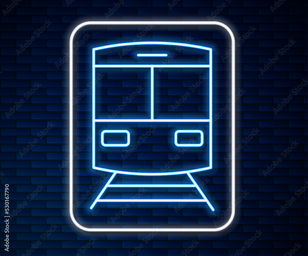 闪闪发光的霓虹灯线路火车和铁路图标被隔离在砖墙背景上。公共交通sy