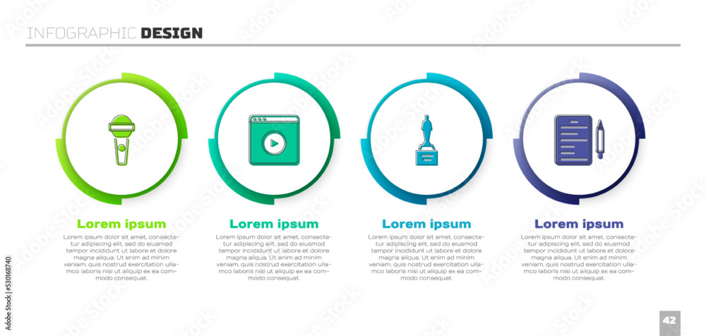 设置麦克风，在线播放视频，电影奖杯和场景。商业信息图模板。矢量