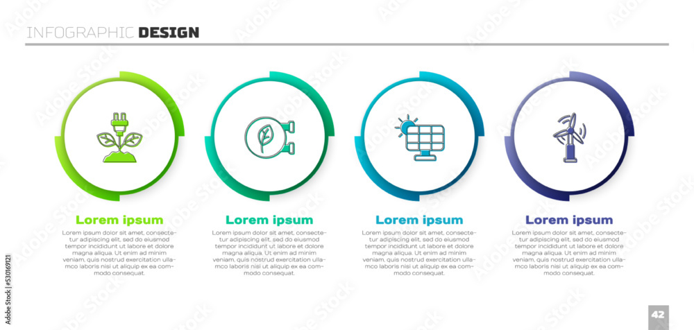 Set Electric saving plug in leaf, Eco shop, Solar energy panel and Wind turbine. Business infographi