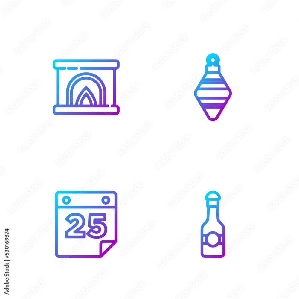 套装香槟瓶、日历、室内壁炉和圣诞球。渐变色图标。Ve