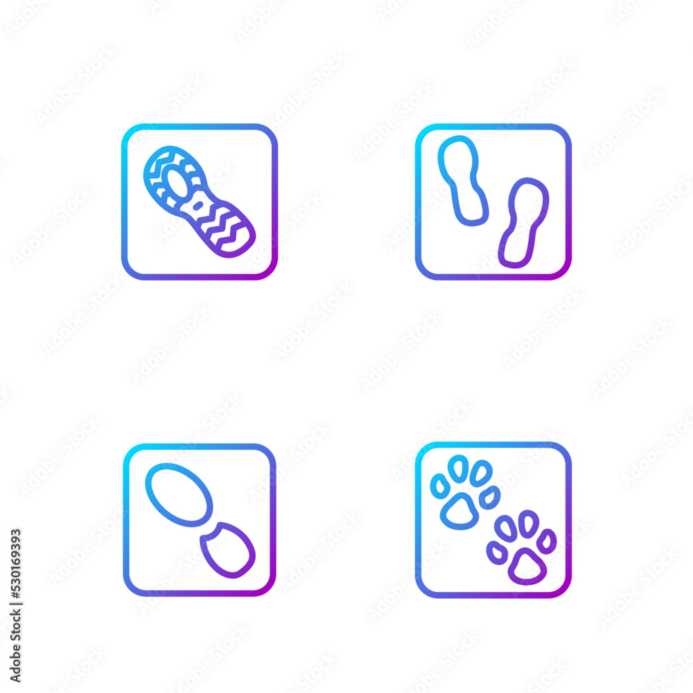 Set line Paw print，Human footprints shoes，and.Gradient color icons.Vector（设定线条爪纹、人类脚印鞋和渐变色图标。矢量）