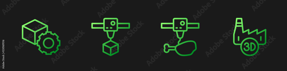 设置线3D打印机鸡腿、等角立方体和印刷厂行业。渐变色图标。