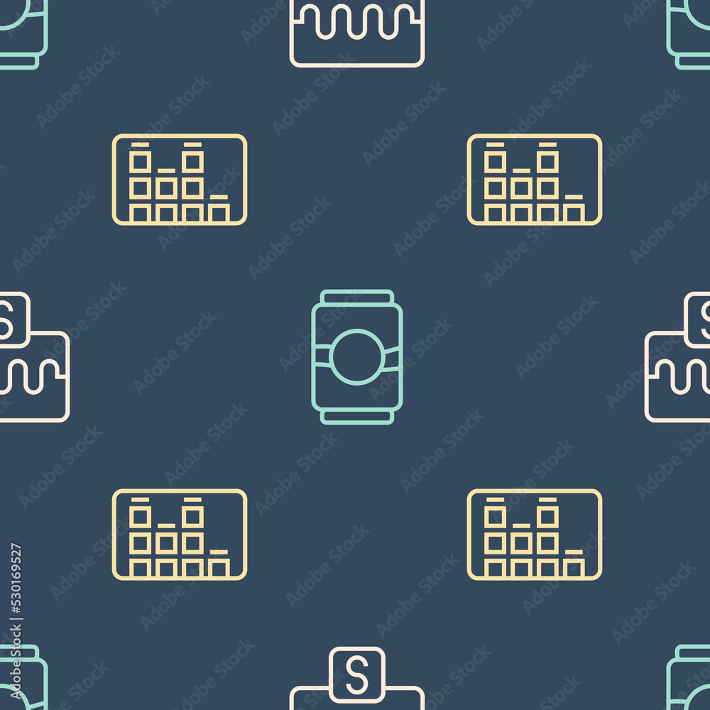 Set line Music wave equalizer, and Beer can on seamless pattern. Vector