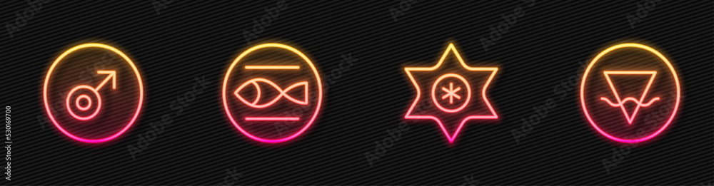 Set line Falling star, Mars symbol, Pisces zodiac and Earth element. Glowing neon icon. Vector