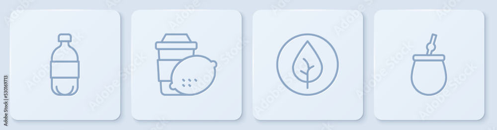 Set line Bottle of water, Tea leaf, Cup tea with lemon and Mate. White square button. Vector