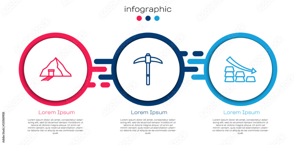 用金条设置金矿、镐和落箭。商业信息图模板。Vector