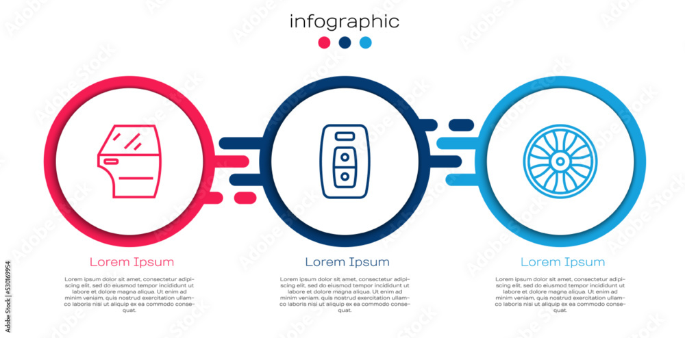 设置行车门、带遥控器的钥匙和汽车合金车轮。商业信息图模板。Vector