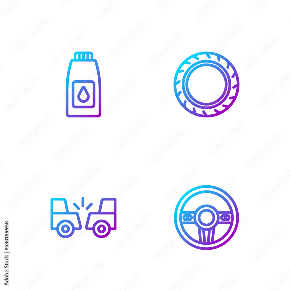 Set line Steering wheel, Car accident, Canister for motor machine oil and tire. Gradient color icons