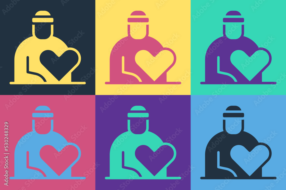 Pop art Volunteer icon isolated on color background. Care, love and good heart community support poo