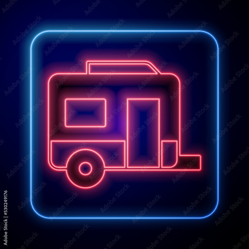 Glowing neon Rv Camping trailer icon isolated on black background. Travel mobile home, caravan, home