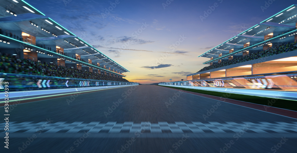  3d rendering moving racetrack with start and finish line